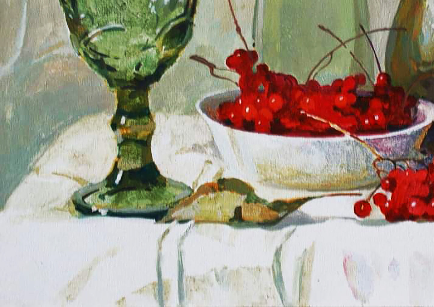 Oil painting of translucent green goblet and viburnum berries by Anastasia Yaroshevich