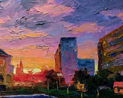 Vibrant oil painting of city orange sunset by Boris Serdyuk