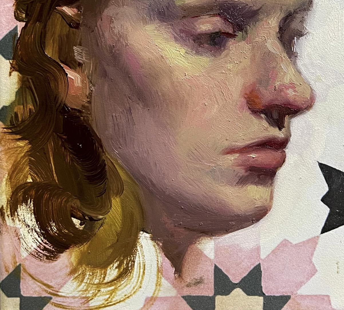 Oil painting portrait of Helena Annam Butt, wavy brown hair profile