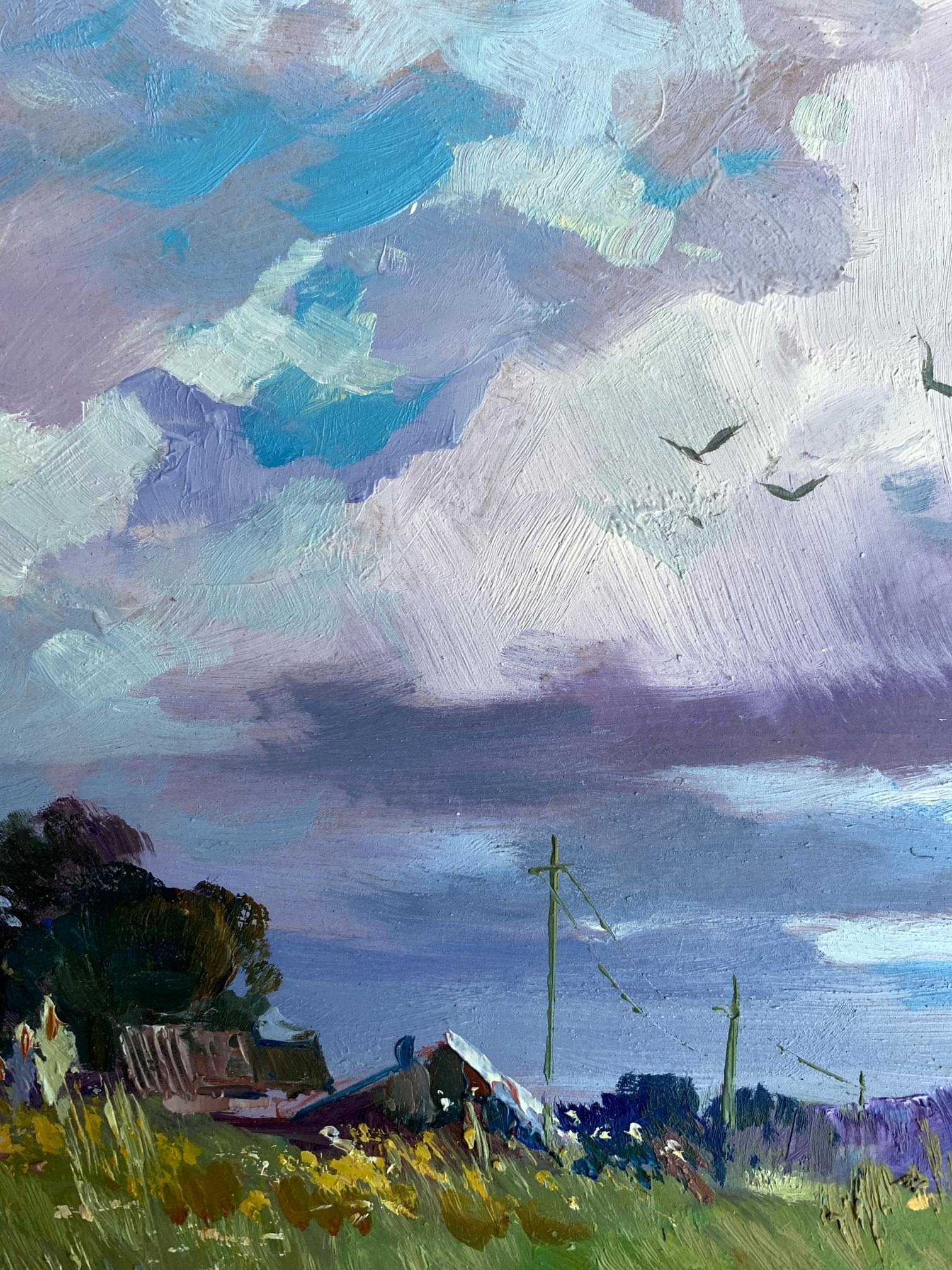 Impressionistic oil painting by Yuriy Suprunchuk of swirling blue-purple clouds over village field