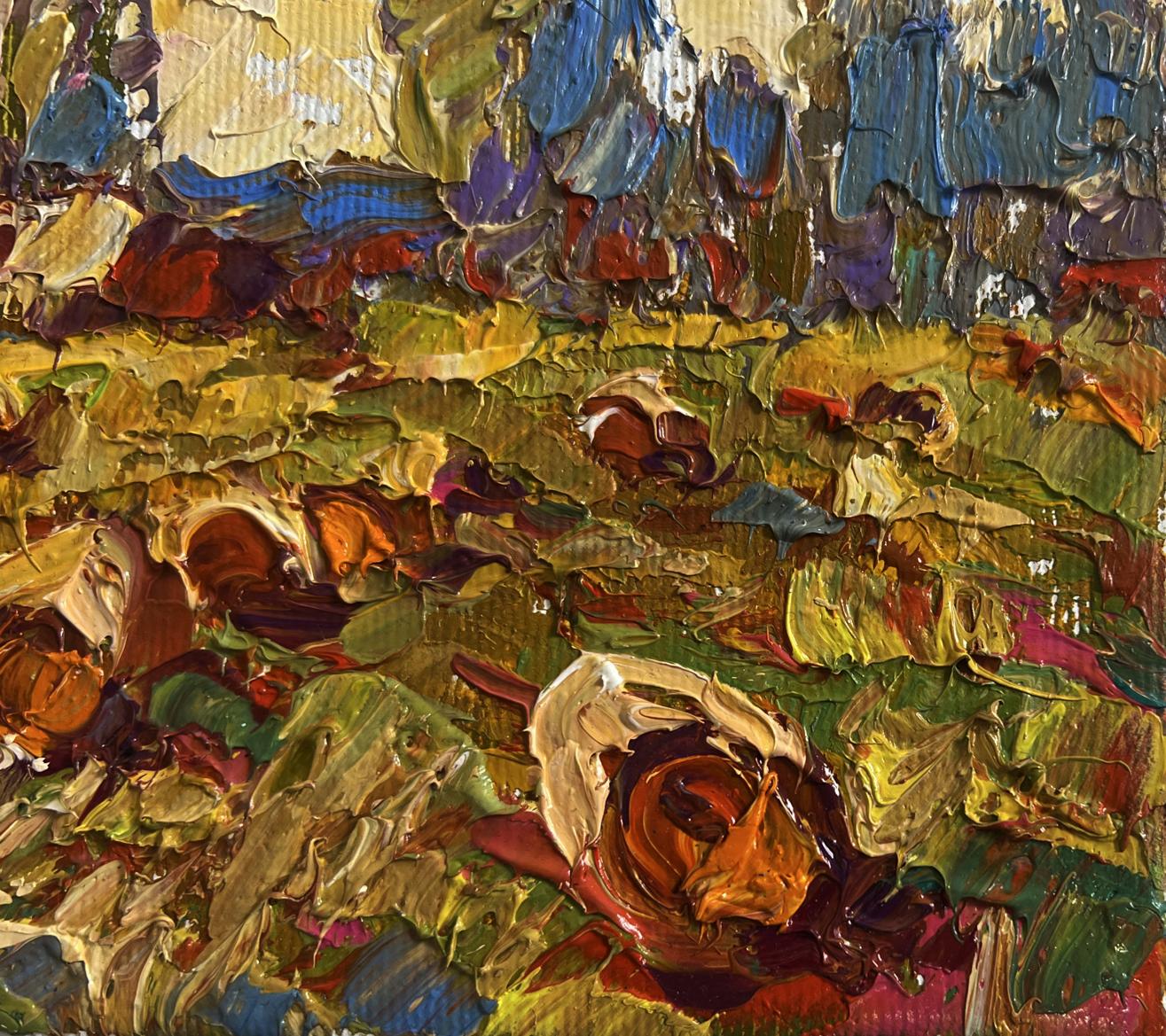 Oil painting Haystacks in the field by Oleksiy Ivanyuk with textured flowers