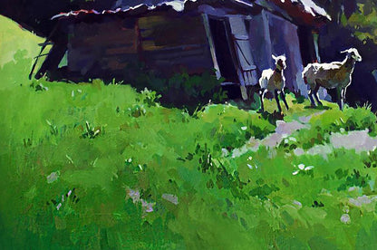 Oil painting by Anastasia Yaroshevich: two white goats on green slope by wooden shed