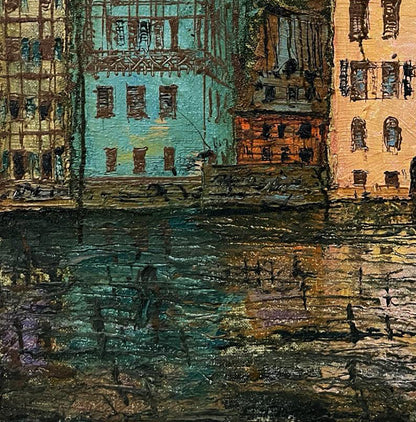 Oil painting Reincarnation by Serhiy Kovalev: teal ochre canal reflections