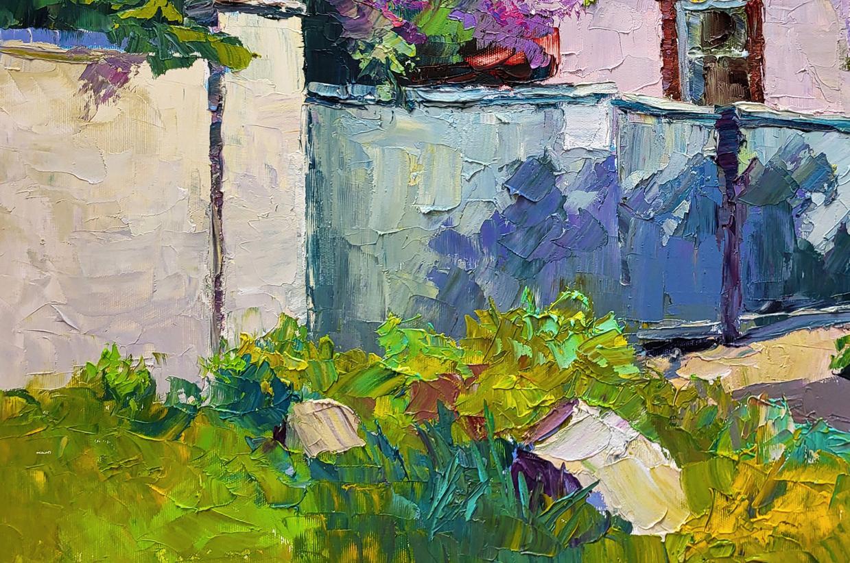 Oil painting Lilac bush by Boris Serdyuk with purple flowers on blue fence