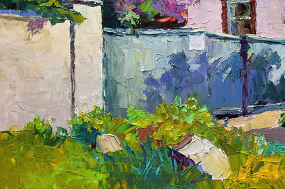 Oil painting Lilac bush by Boris Serdyuk with purple flowers on blue fence
