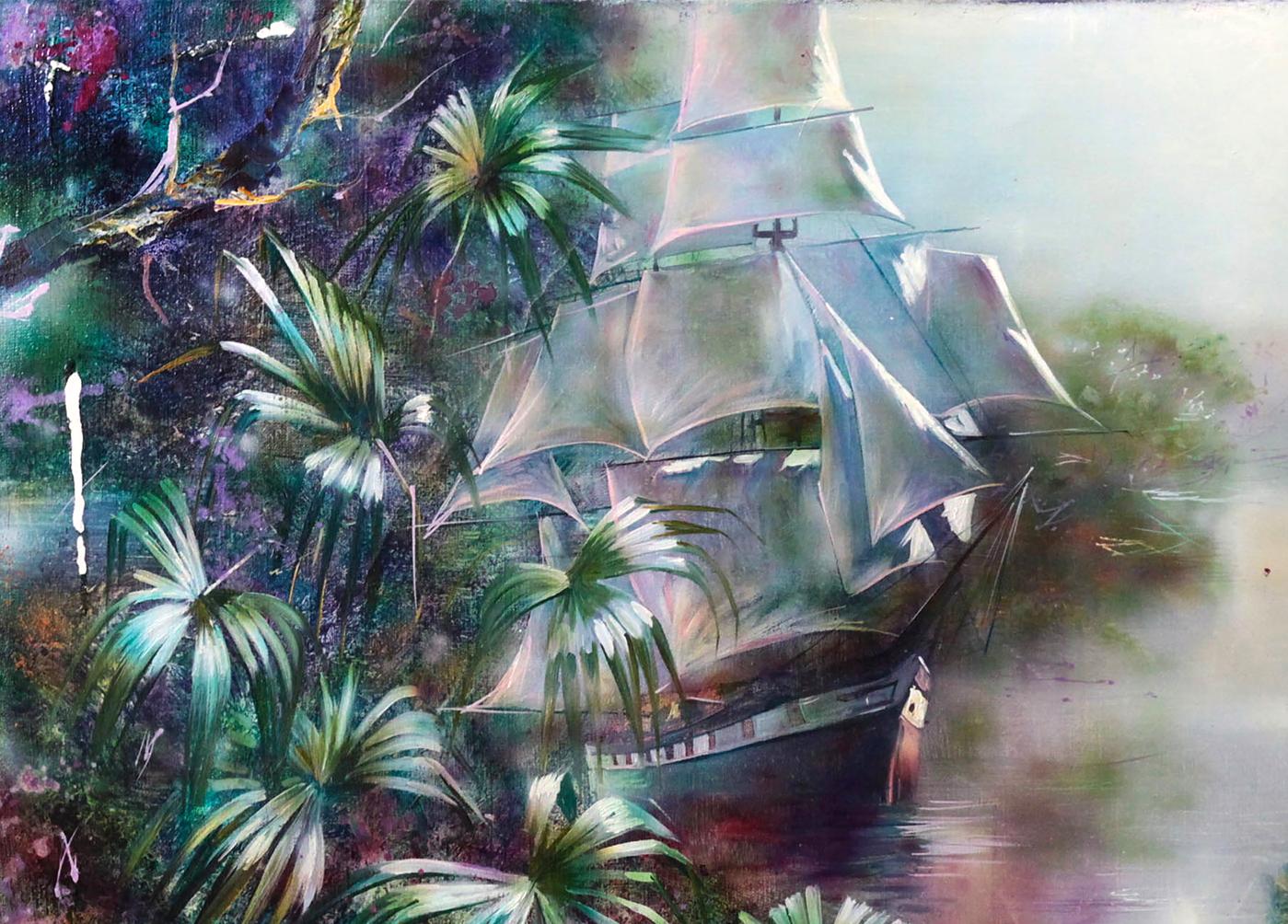 Oil painting of tall ship in tropical foliage by Alexander Dobrodiy