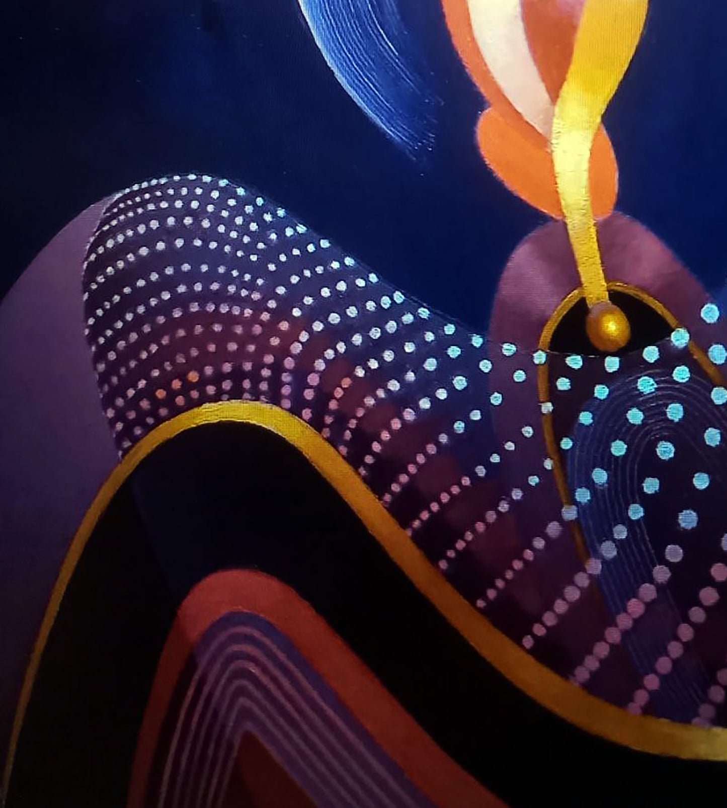 Oil painting Illuminations by Alexander Strashevich, swirling blue purple gold forms