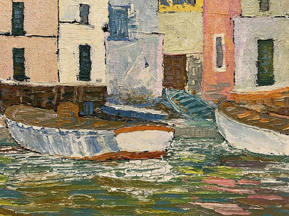 Oil painting Amplitude by Serhiy Kovalev: rowboat on canal with buildings