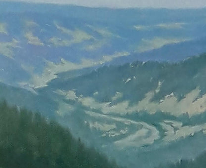 Serene impressionistic oil painting of Vasily Korkishko forested mountain river view