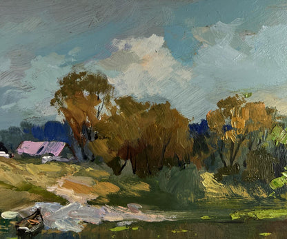 Oil painting Crossing to the other bank by Yuriy Suprunchuk autumn landscape