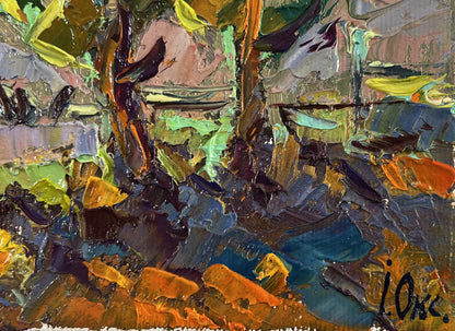 Vibrant oil painting Moonlit night by Oksana Ivanyuk with bold green, yellow, orange, blue strokes
