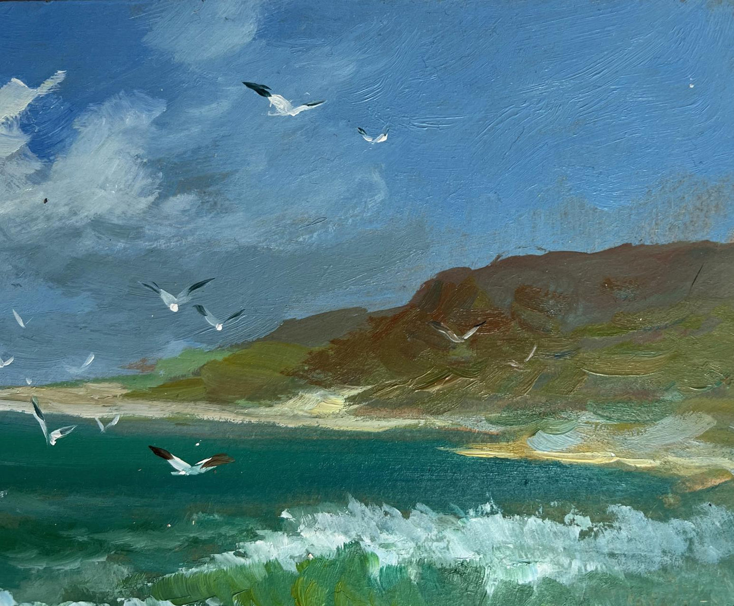 Textured oil painting Sea Freshness by Yuriy Suprunchuk: coastal scene with seagulls and turquoise waves