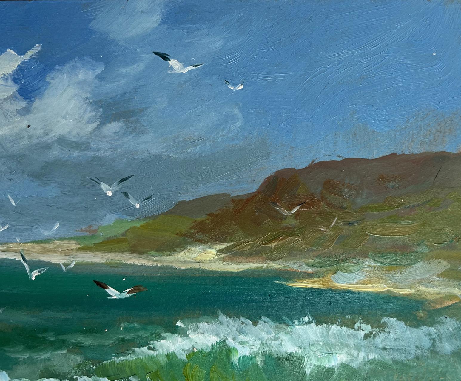 Textured oil painting Sea Freshness by Yuriy Suprunchuk: coastal scene with seagulls and turquoise waves