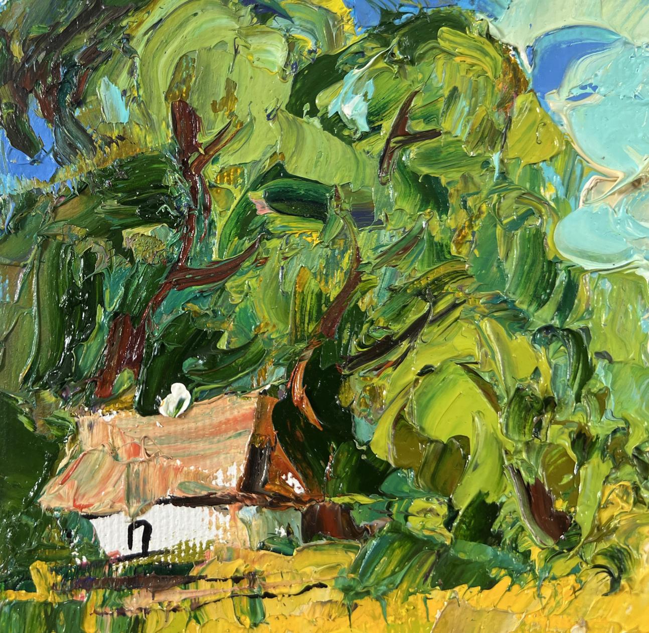 Oil painting Noon in the village by Oleksiy Ivanyuk: rustic white house with terracotta roof among lush trees and yellow grass