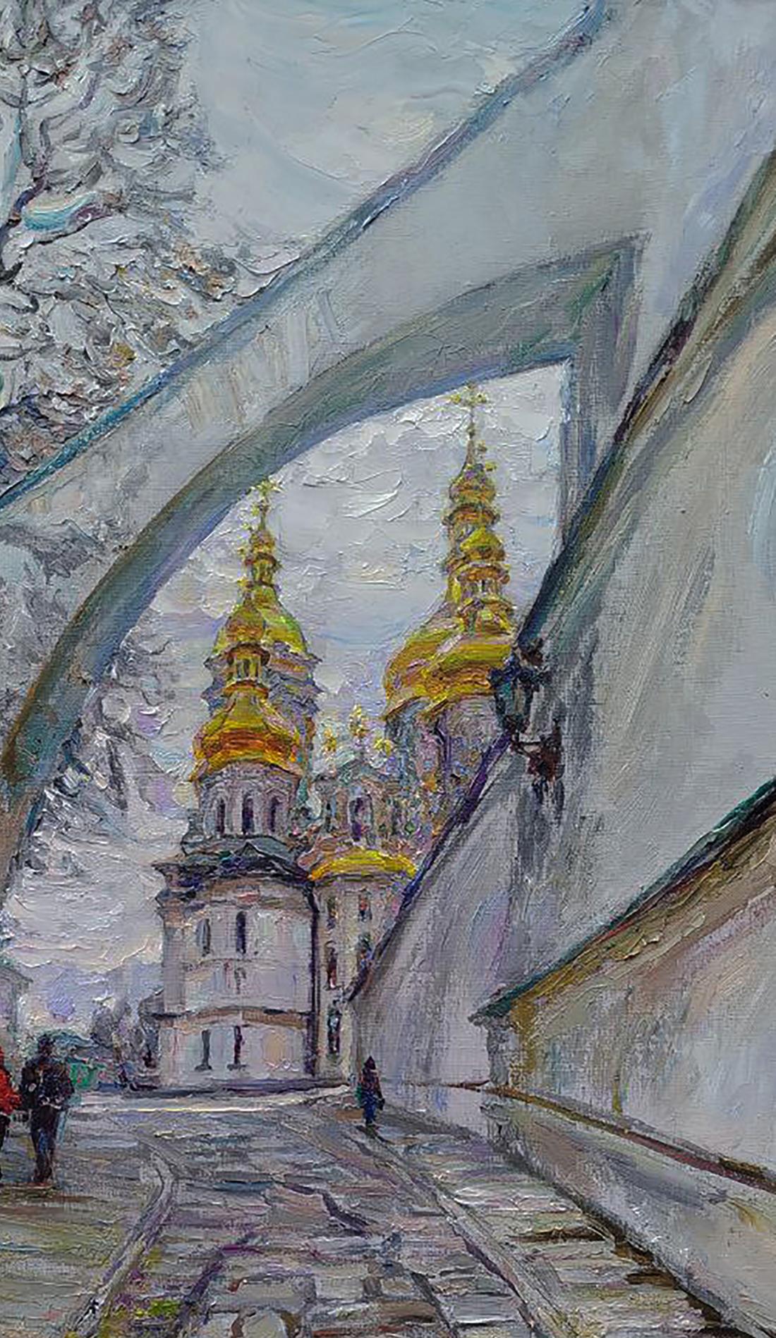 Oil painting of golden-domed cathedral through arched passage by Leonid Pavlenko