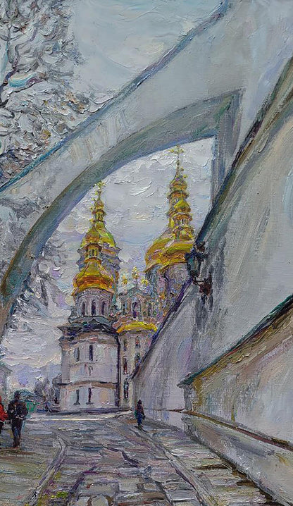 Oil painting of golden-domed cathedral through arched passage by Leonid Pavlenko