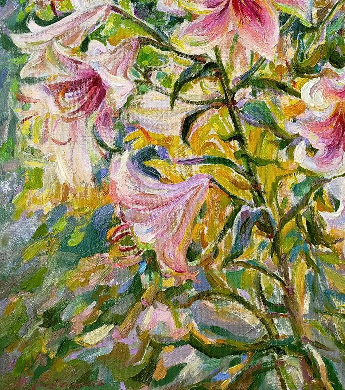 Vibrant pink and white lilies blooming by Leonid Pavlenko oil painting