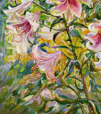 Vibrant pink and white lilies blooming by Leonid Pavlenko oil painting