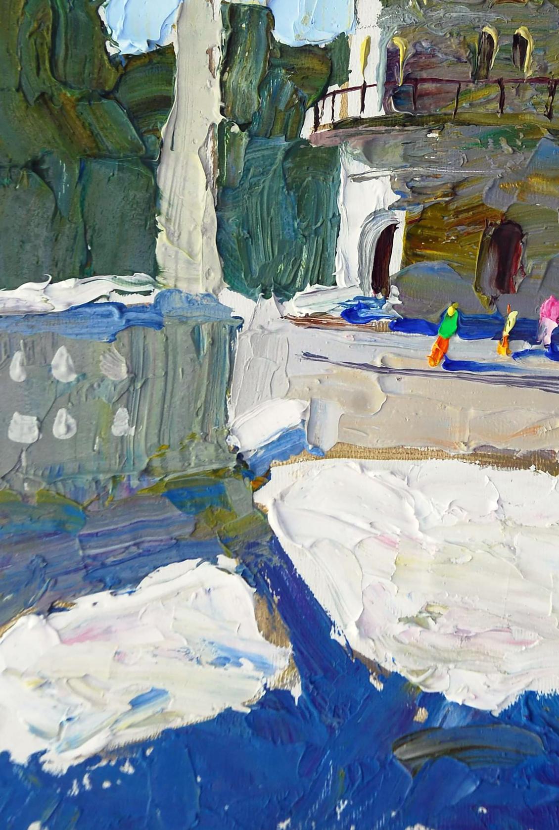 Textured impressionist oil painting of snowy mountain courtyard by Egor Shvachunov