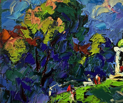 Vibrant impressionist oil painting of city park gazebo by Oleksiy Ivanyuk