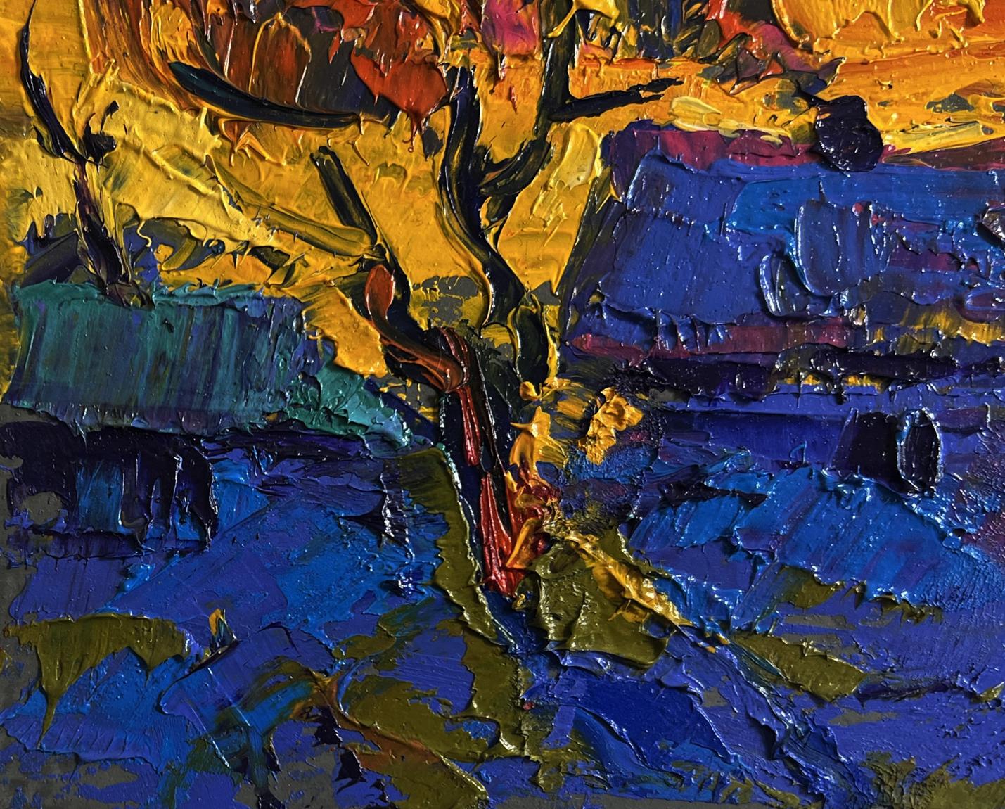 Vibrant impressionist oil painting A blazing evening in the village by Oleksiy Ivanyuk