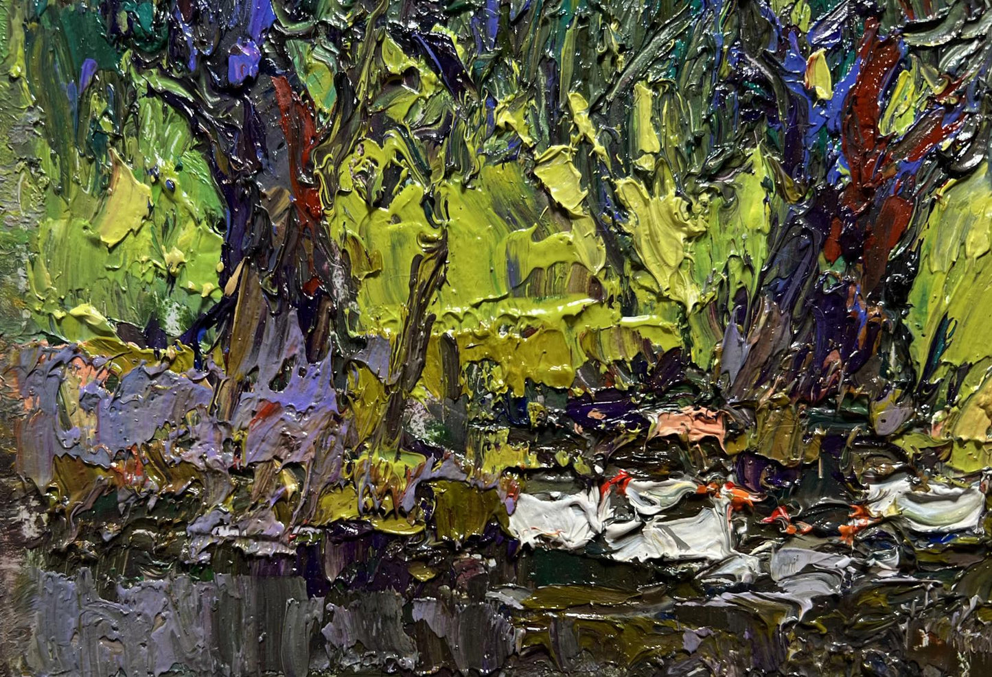 Vibrant impressionist oil painting of ducks hiding near tree by Oksana Ivanyuk