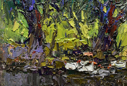 Vibrant impressionist oil painting of ducks hiding near tree by Oksana Ivanyuk