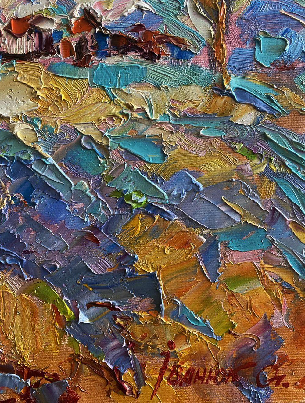 Oil painting Hot day in the village by Oleksiy Ivanyuk impasto blues golds