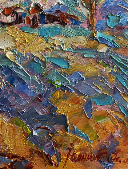 Oil painting Hot day in the village by Oleksiy Ivanyuk impasto blues golds
