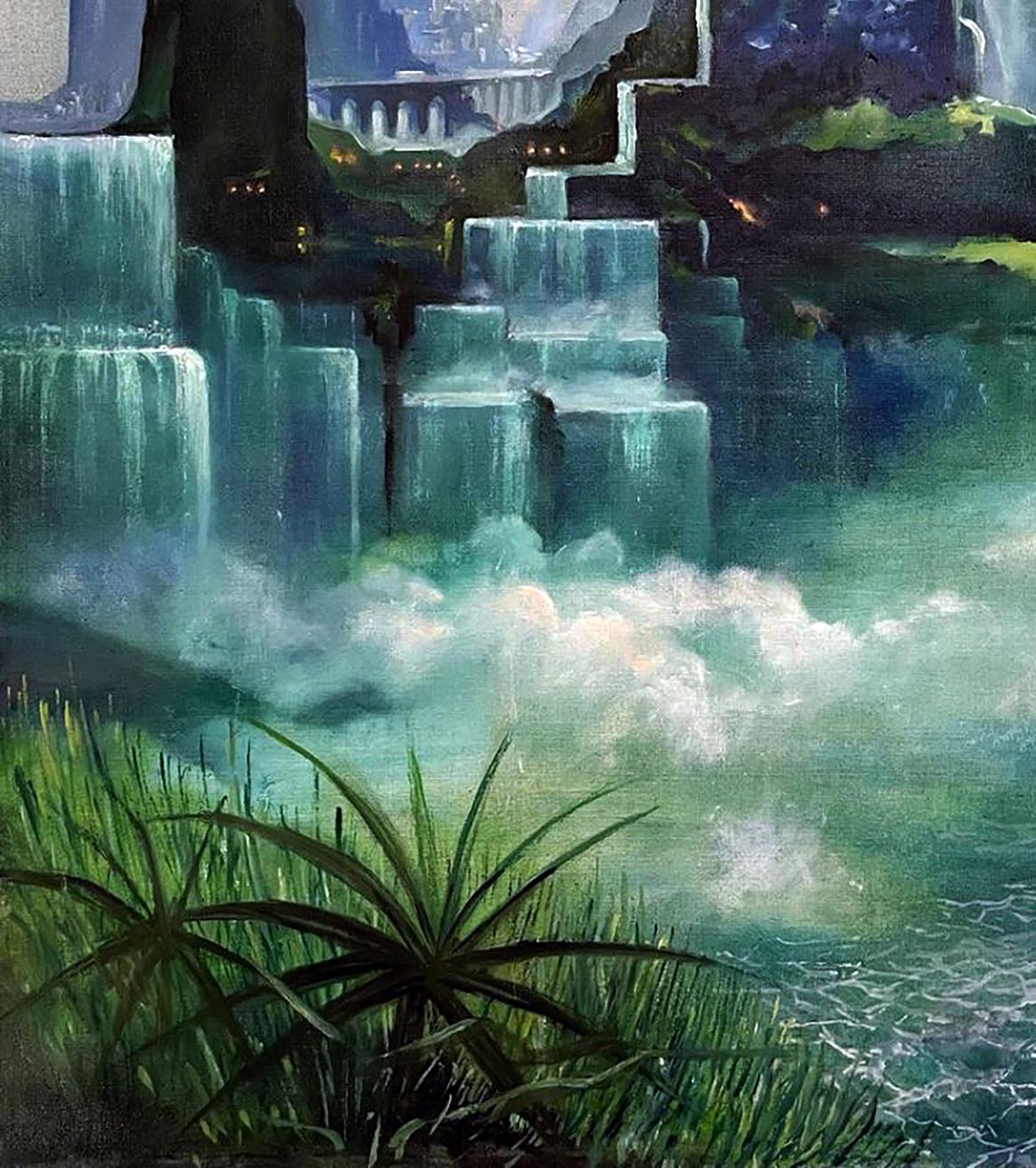 Stunning teal green waterfalls oil painting by Serhii Prybyshenya