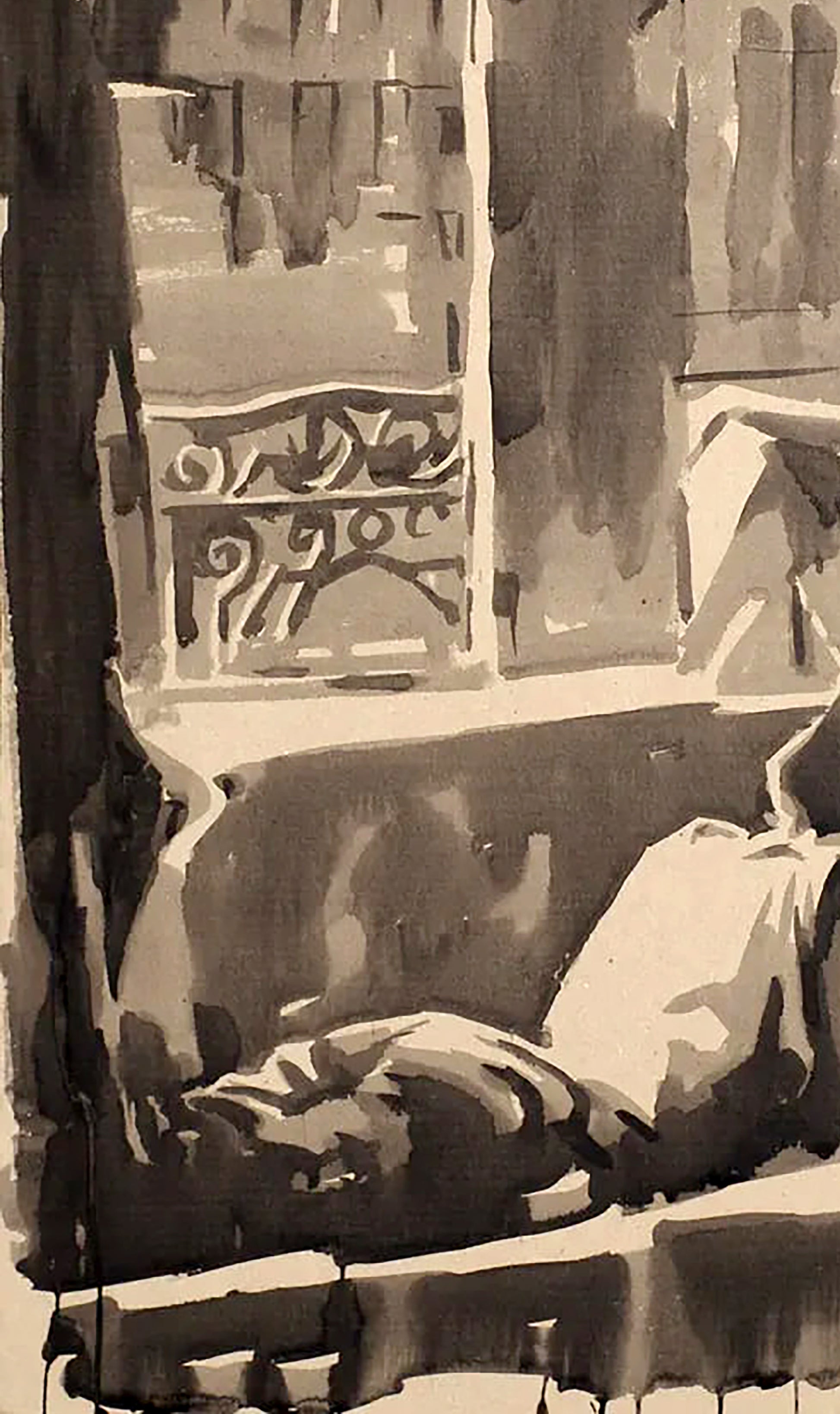 Monochromatic watercolor of ornate window by Dima Filatov Forgotten Pleasures
