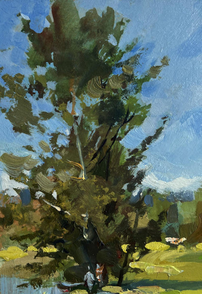 Oil painting of boat by lush impressionistic tree with dappled sunlight by Yuriy Suprunchuk