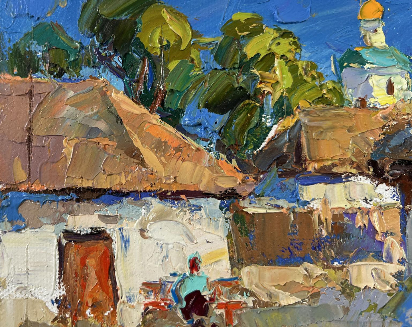 Vibrant impressionist oil painting Warmth in the Yard by Oksana Ivanyuk