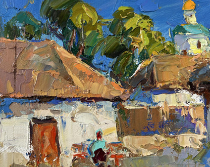 Vibrant impressionist oil painting Warmth in the Yard by Oksana Ivanyuk