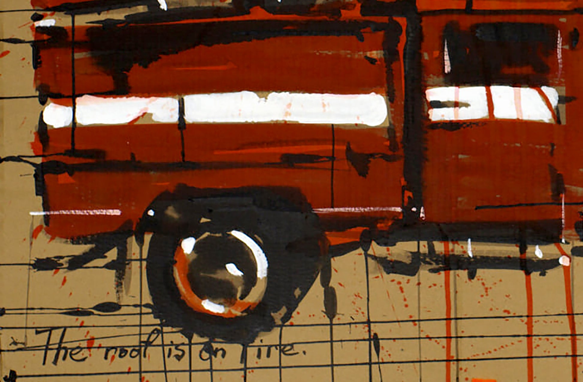 Bold abstract acrylic painting of red bus on fire by Dima Filatov