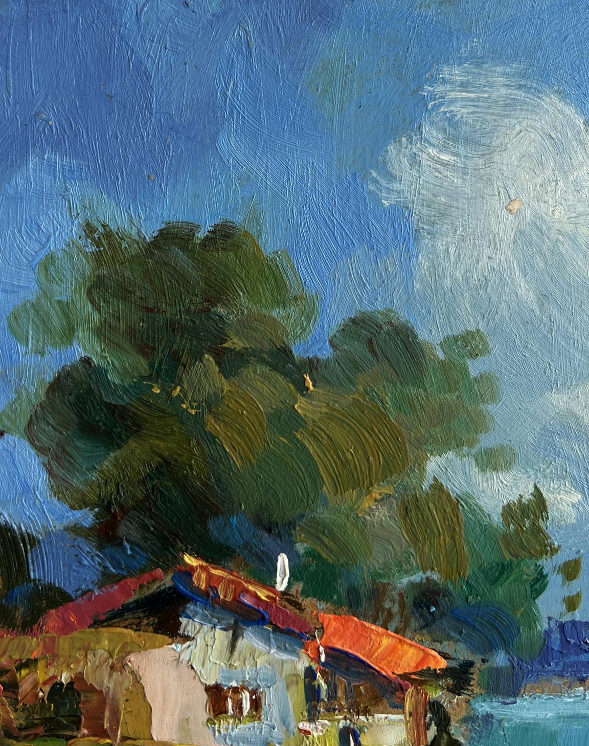 Vibrant impressionist oil painting of house near river by Yuriy Suprunchuk