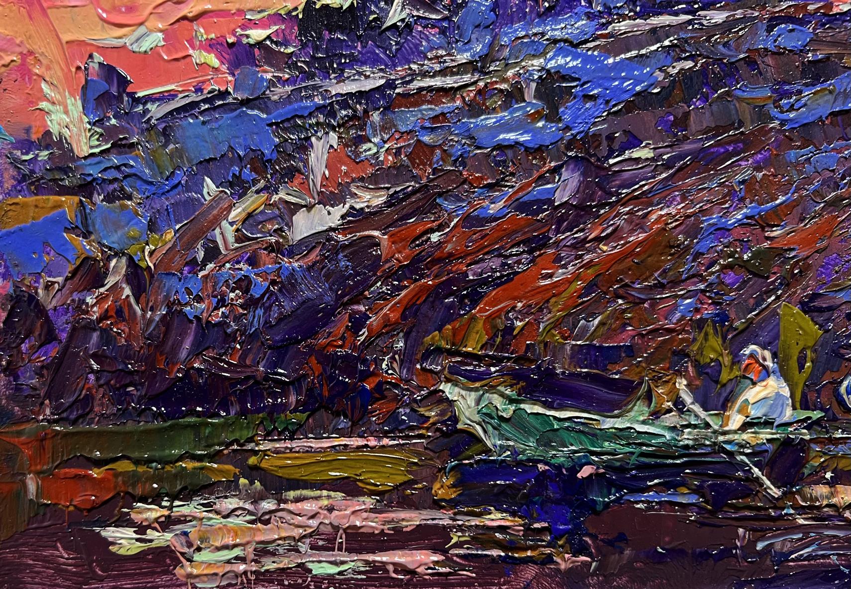 Oil painting Crimson evening by the river Oksana Ivanyuk impasto boat in storm