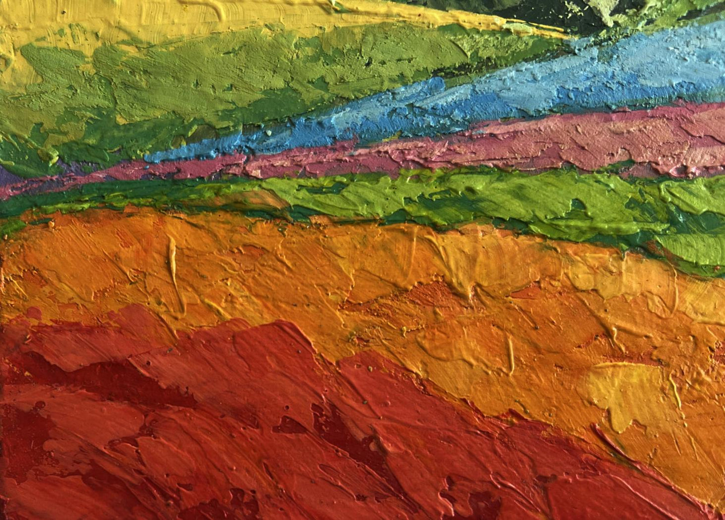 Vibrant oil painting Walking in the mountains V. Zadorozhnya with bold colorful bands