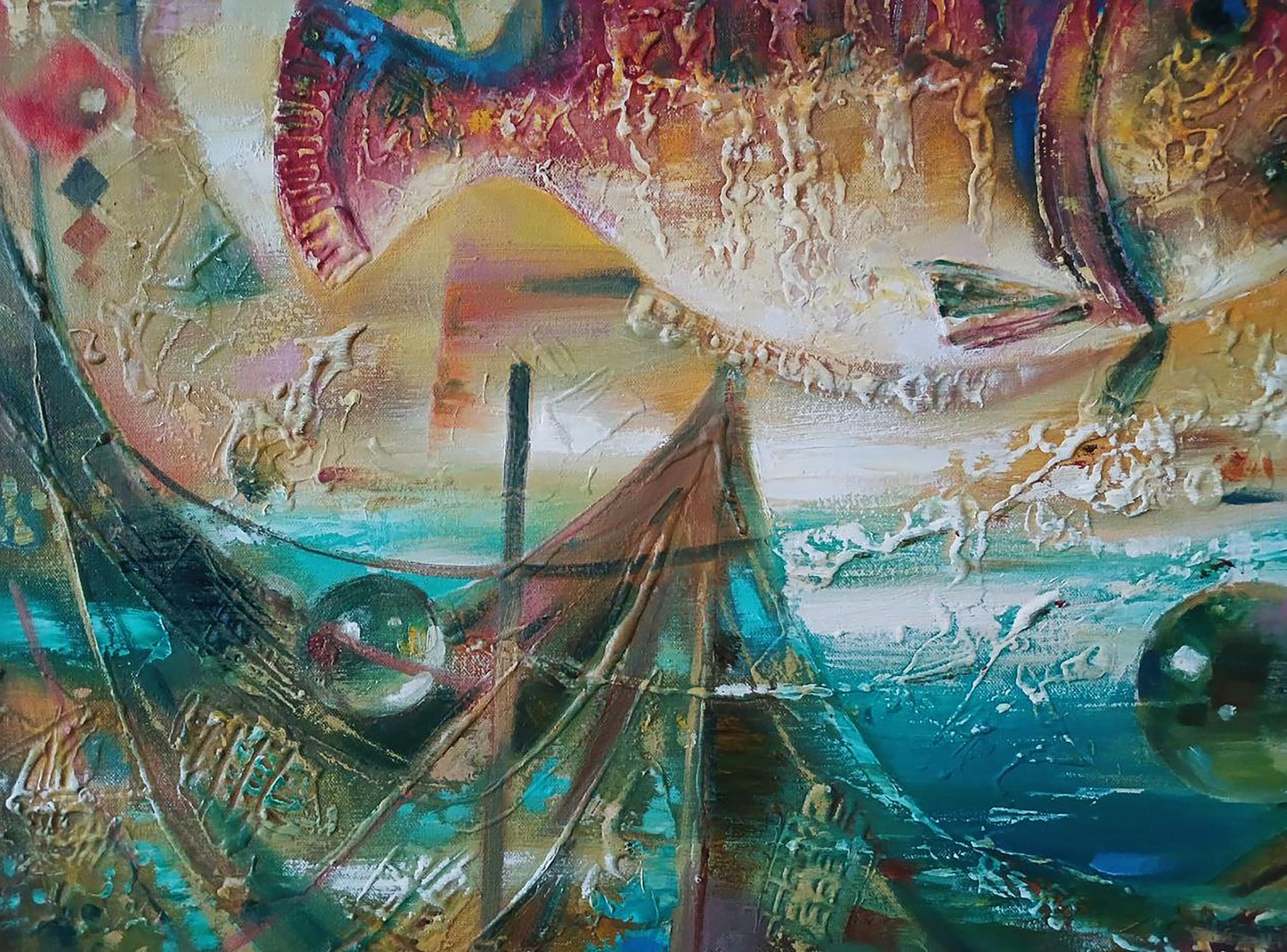 Abstract oil painting Big fish by Anatoly Tarabanov in teal, gold, crimson
