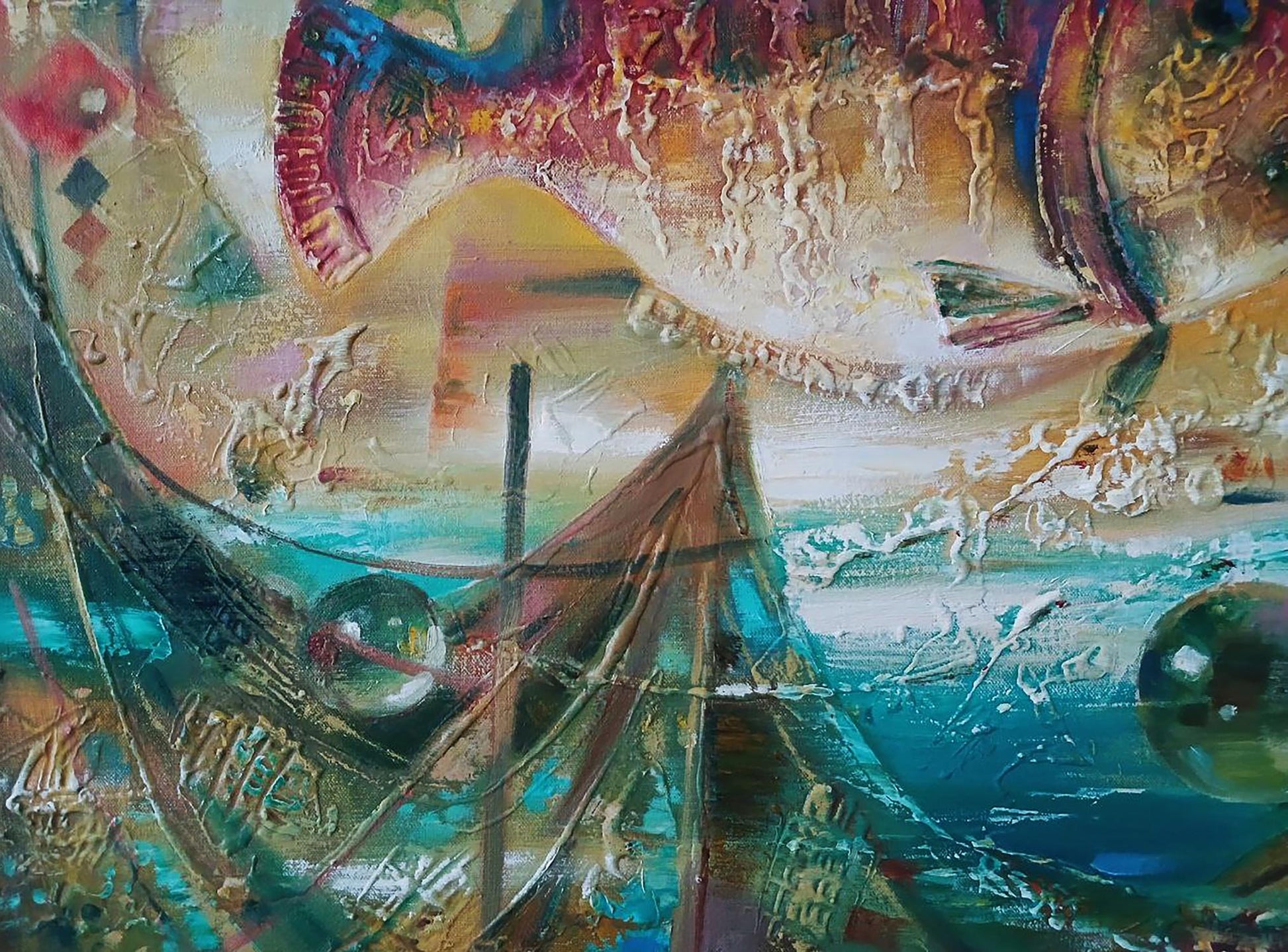 Abstract oil painting Big fish by Anatoly Tarabanov in teal, gold, crimson