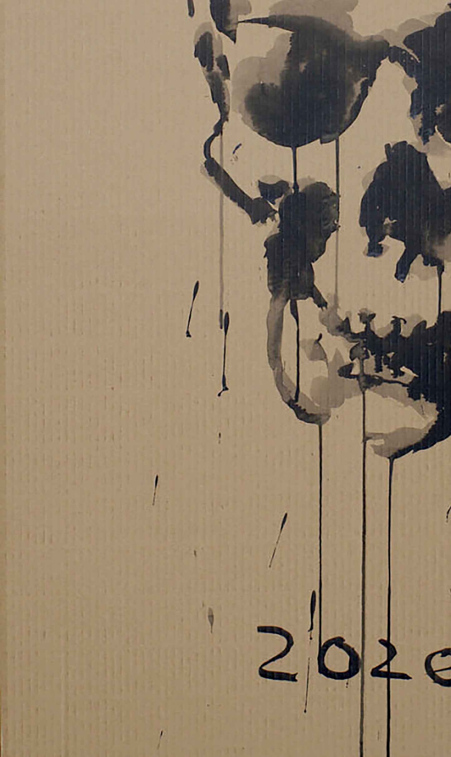 Acrylic painting Crown Dima Filatov: black ink splatter skull on beige canvas, 2020