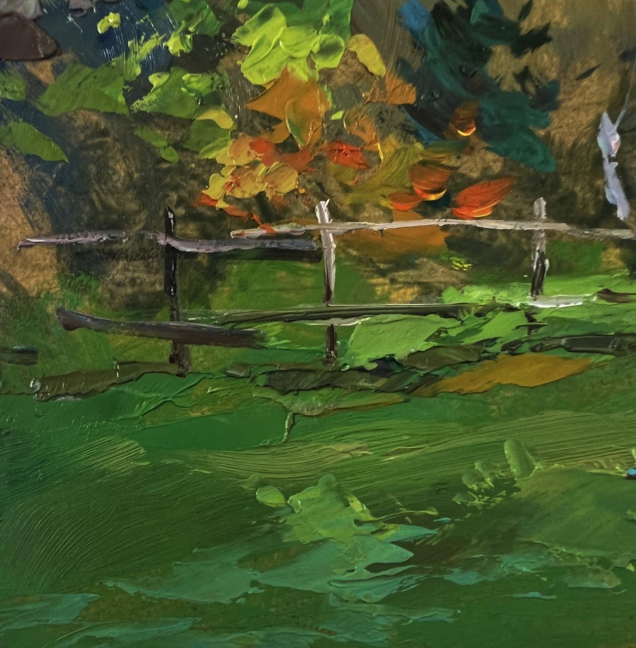 Rustic gray wooden fence in Yuriy Suprunchuk oil painting Country geese