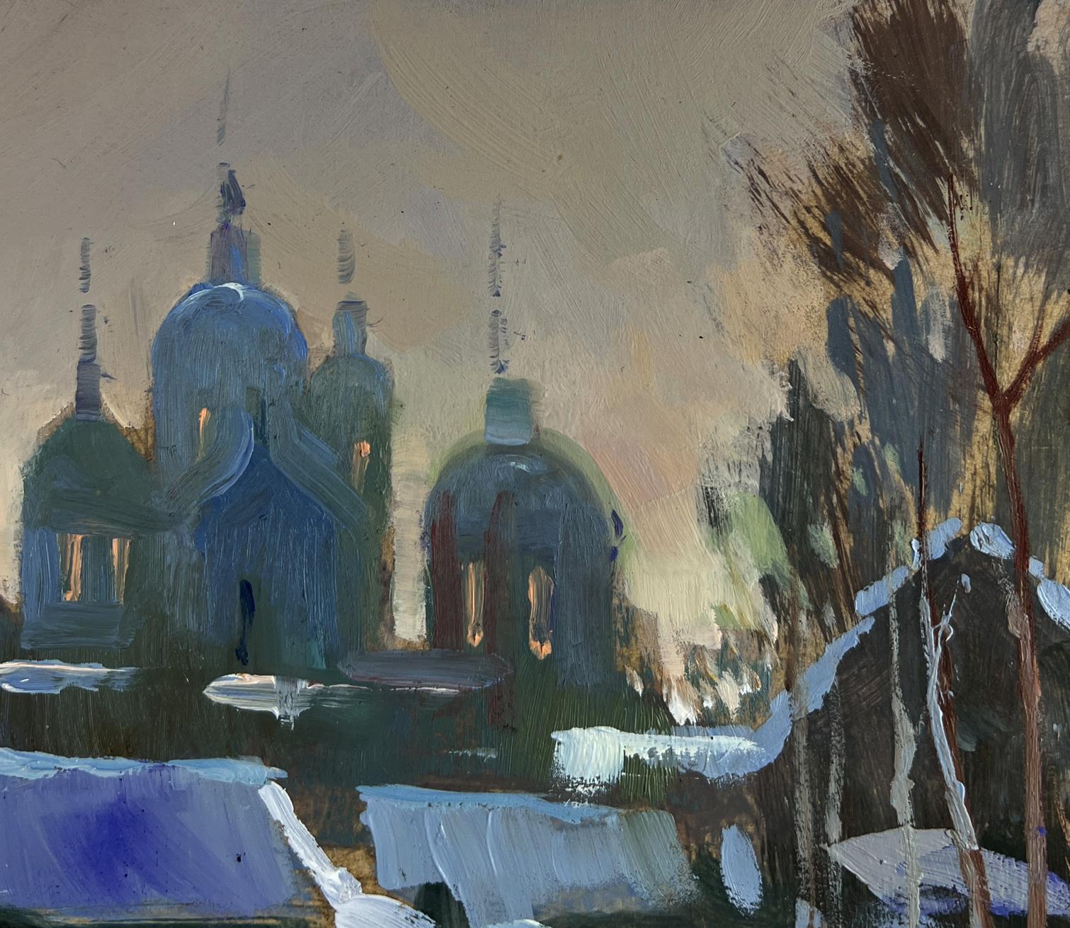 Oil painting View of the monastery in the evening by Yuriy Suprunchuk
