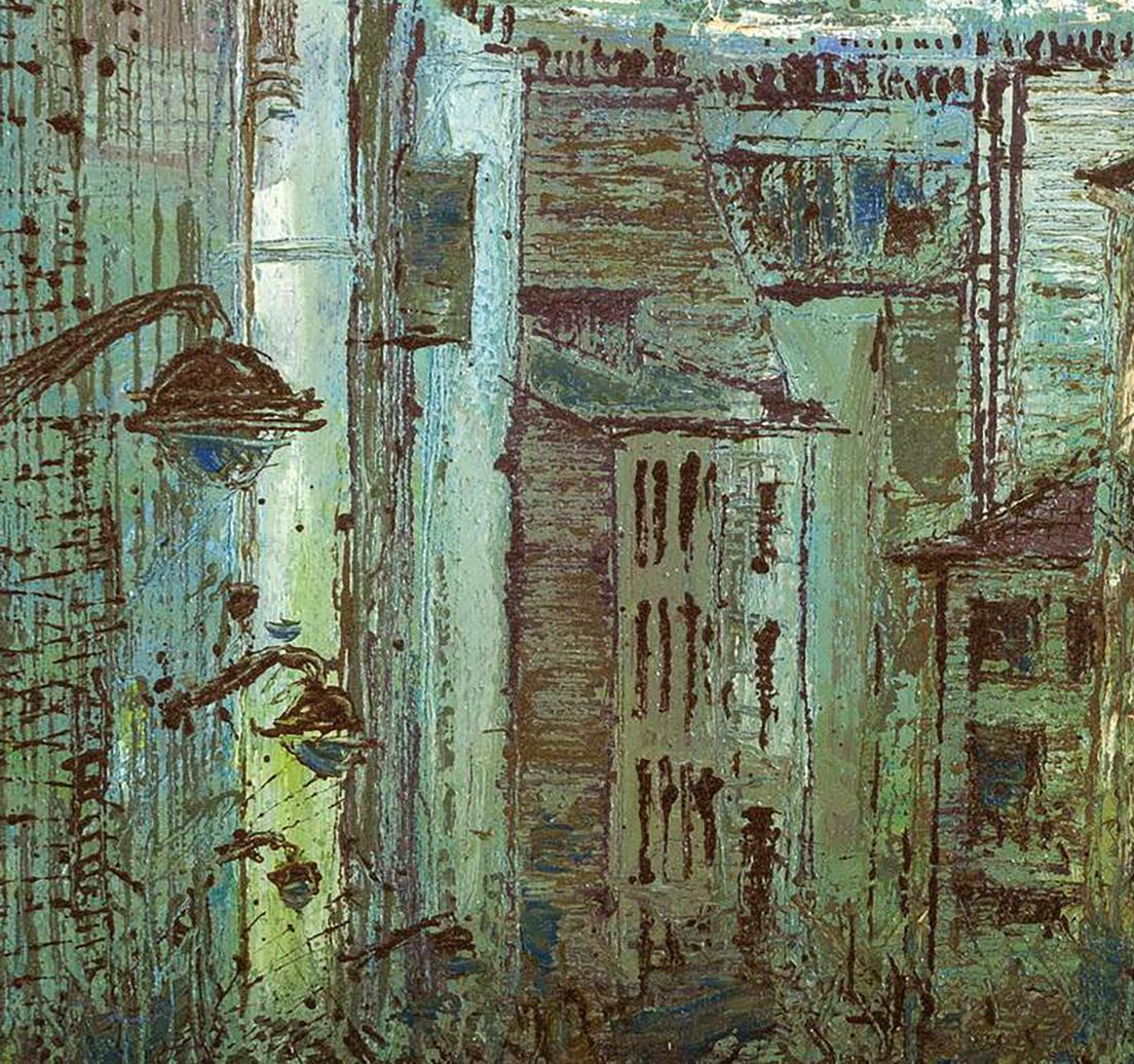 Oil painting Durability by Serhiy Kovalev: abstract alley in greens, browns, blues