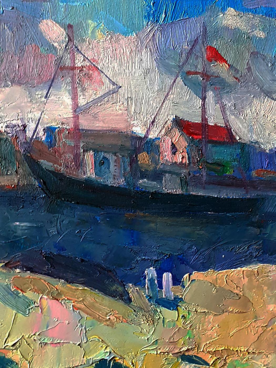 Oil painting of dark ship with red sails by Pavel Dobrev at sea strait