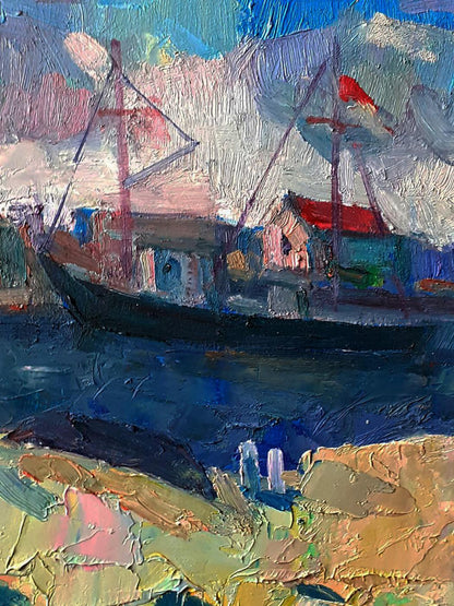 Oil painting of dark ship with red sails by Pavel Dobrev at sea strait