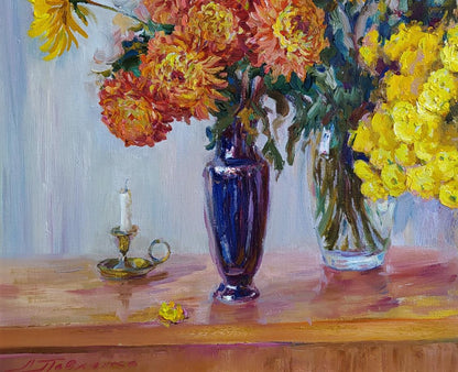 Oil painting of chrysanthemums by Leonid Pavlenko in deep blue glass vase