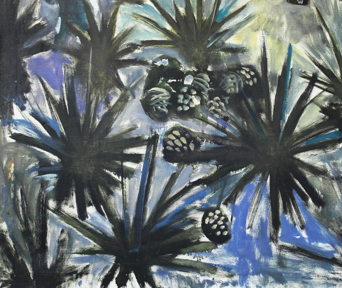 Oil painting ANANAS by Ed Potapenkov with bold black blue green pinecone brushstrokes