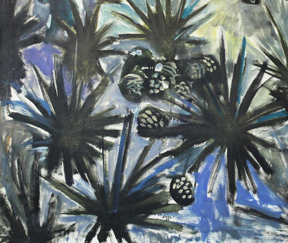 Oil painting ANANAS by Ed Potapenkov with bold black blue green pinecone brushstrokes