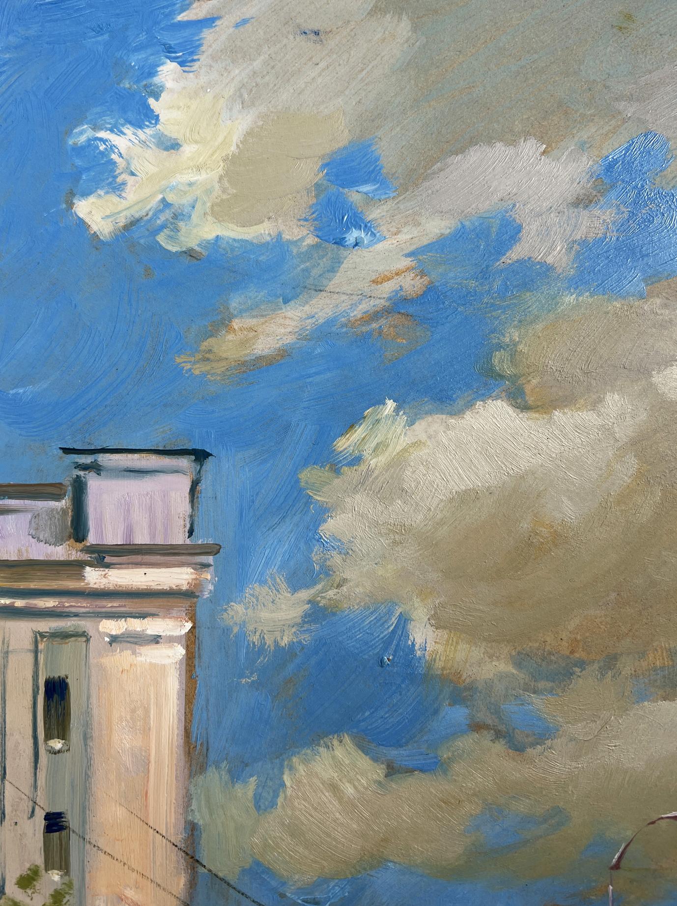Oil painting Summer rhythm of the city by Yuriy Suprunchuk with blue beige clouds